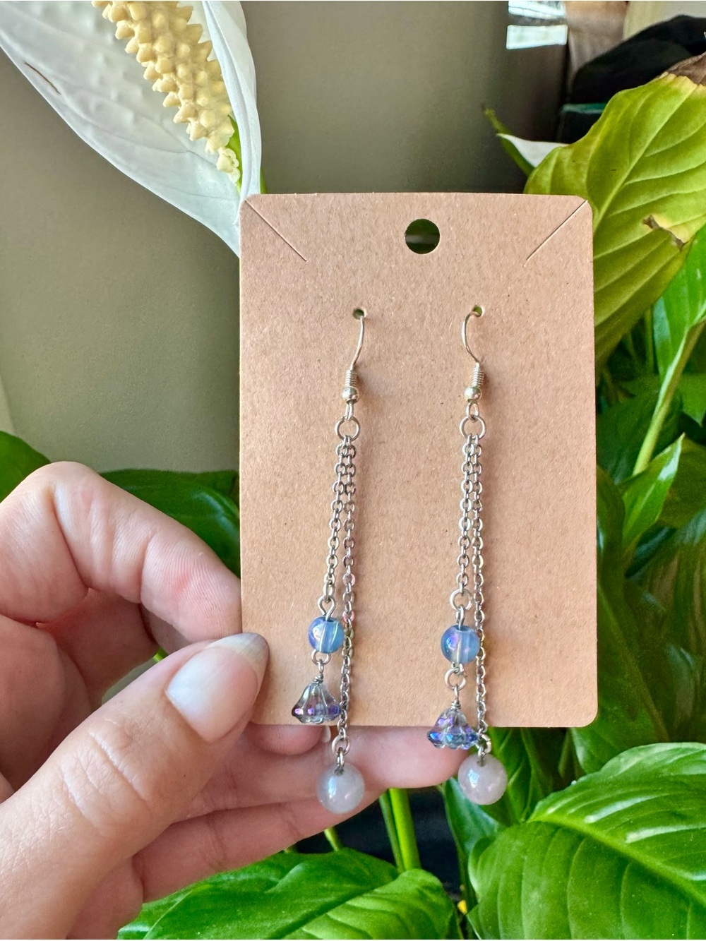Handmade Electroplated SUNSTONE Bell Flower Drop Chain Earrings